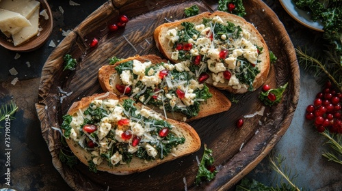 three pieces of bread with spinach and cheese on them on a wooden platter next to cranberries and cheese.