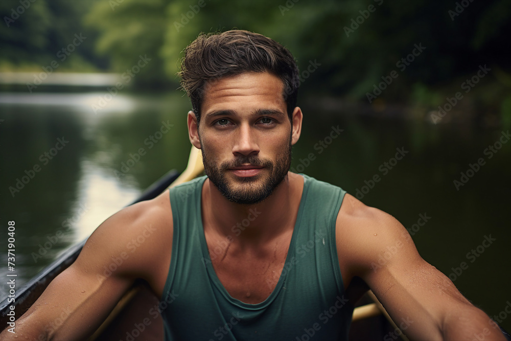 AI generated image of young person kayaking in crystal lake on a summer day enjoying hobby and vacation AI generated image of young person kayaking in crystal lake on a summer day enjoying hobby and vacation