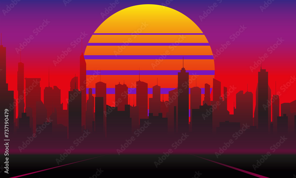 futuristic city with skyscrapers and setting sun