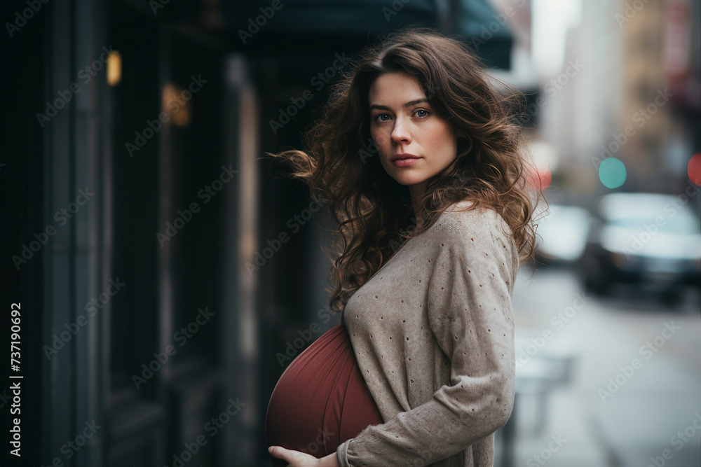 Generative ai picture of charming attractive happy woman pregnant girl isolated on cityscape background Generative ai picture of charming attractive happy woman pregnant girl isolated on cityscape background