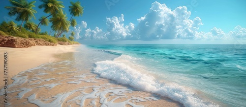 Beautiful tropical beach scene with palm trees, white sand and turquoise water against a bright blue sky © GoDress