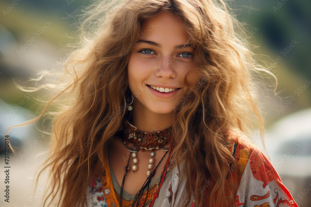 Naklejka premium Funny happy hippie best friends on festival concert retro party event nature Generative AI