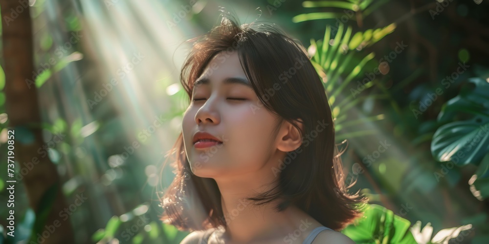 Seeking Serenity And Happiness: Asian Woman Embraces Nature's Light Seeking Serenity And Happiness: Asian Woman Embraces Nature's Light