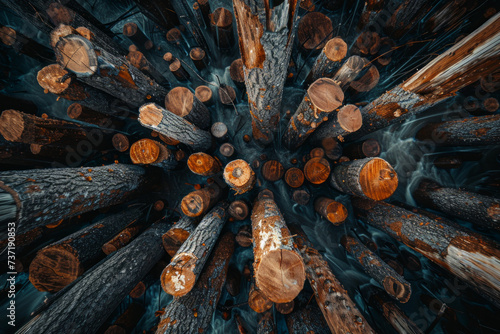 An overhead view of a pile of raw, unprocessed wooden logs, captured with a long exposure to create a sense of movement and dynamism in the image...