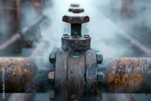 Damaged Pipeline And Valve Releasing Steam And Gas, Showing Corrosion And Rust
