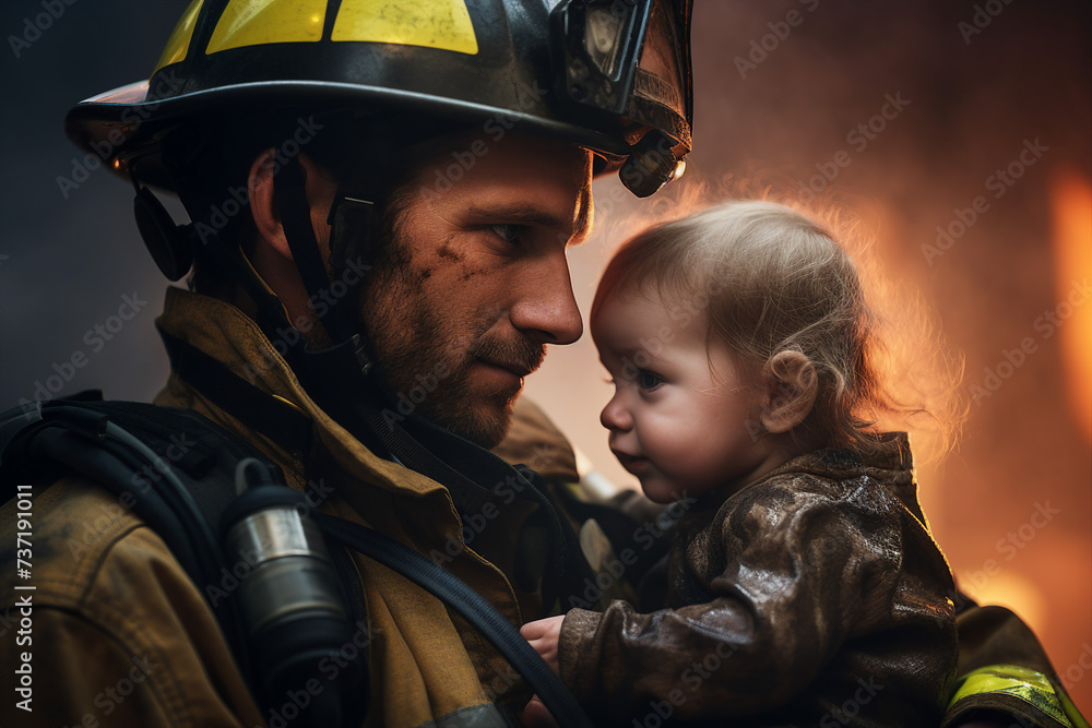 Generative AI photo of a professional firefighter saving small child from burning buildings Generative AI photo of a professional firefighter saving small child from burning buildings