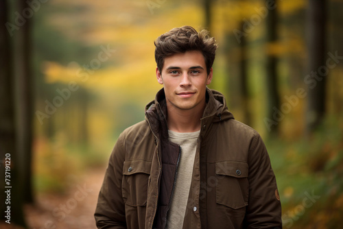 Portrait of nice guy young student walking in autumn park enjoying nature generative AI