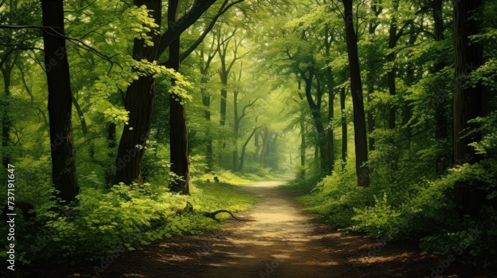 the green  path through the woods in a forest