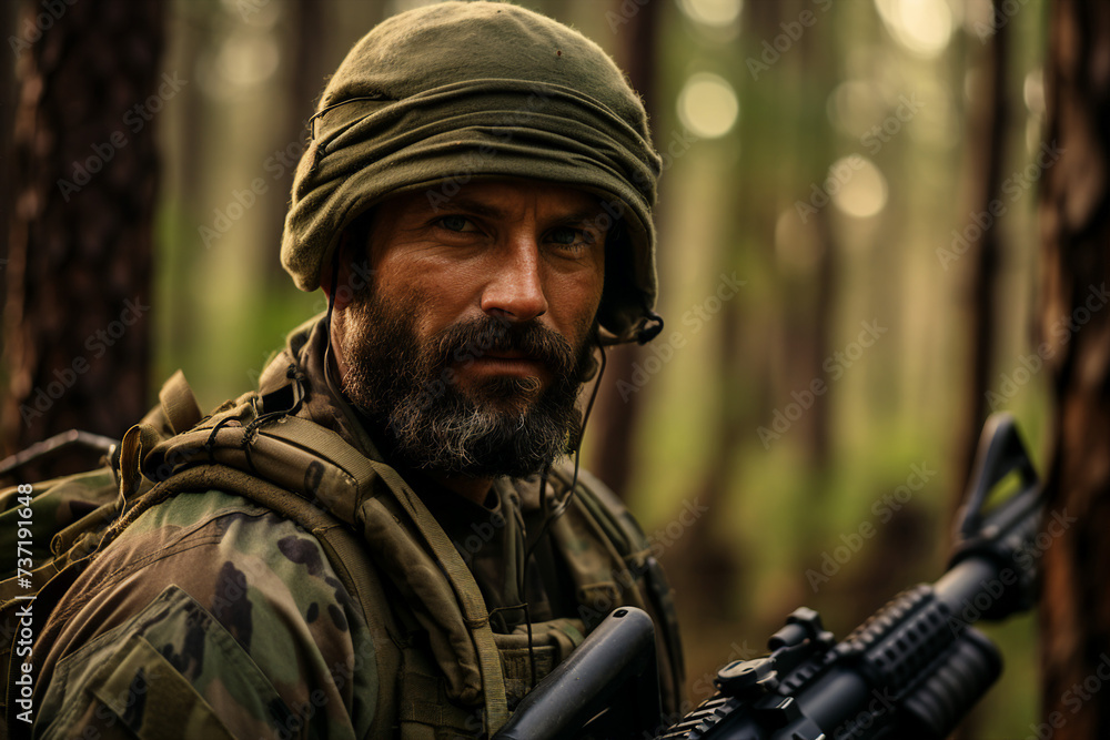 AI generated portrait of confident fully equipped soldier in combat gear in forest AI generated portrait of confident fully equipped soldier in combat gear in forest