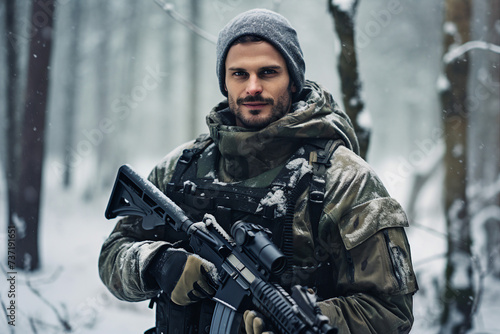 AI generated portrait of confident fully equipped and armed soldier fighting against aggression on battle field © Tetiana