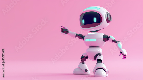 3d rendering of a cute robot pointing at something on a pink background © Liliya