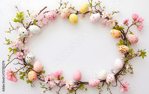 Easter Celebration: Colorful Eggs and Blossoming Flowers Forming a Circular Arrangement on a White Background © Moon