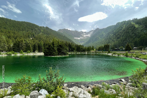 Valbione Lake and Adamello Mountain near Ponte di Legno in Val Camonica - Italy photo