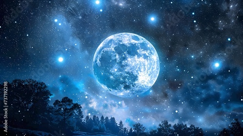 Blue Moon. Super Full moon august. Moon bright. Stars. The background full of stars in the galaxy. 