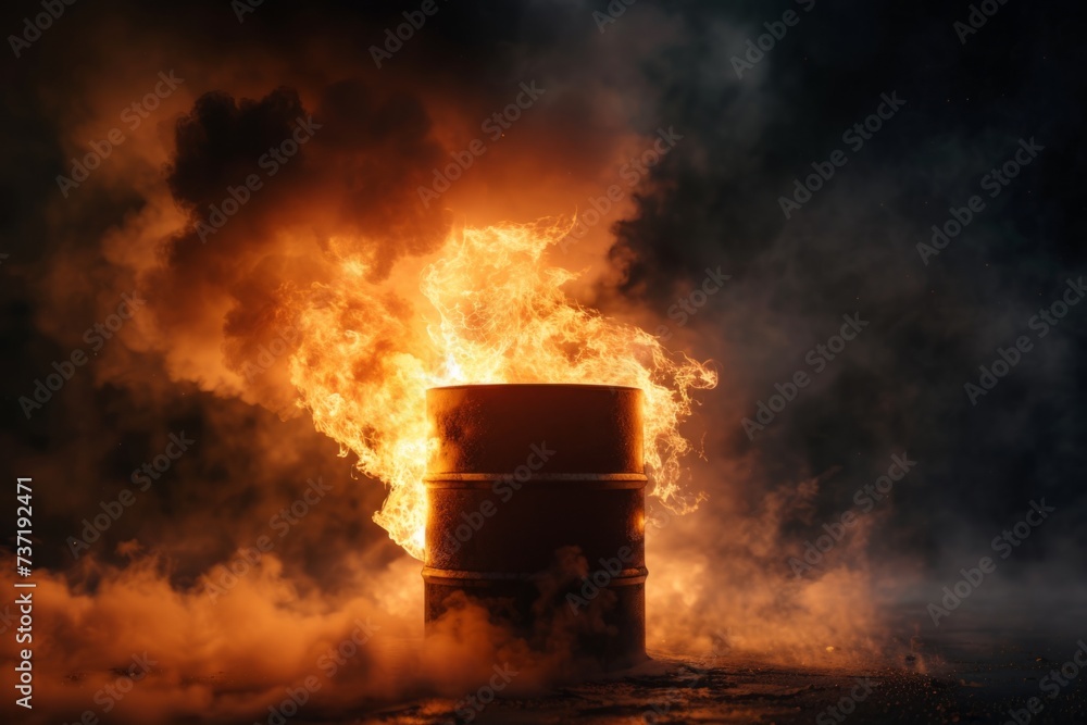 Engulfed In Smoke: Fiery Oil Barrel Against A Dark Backdrop