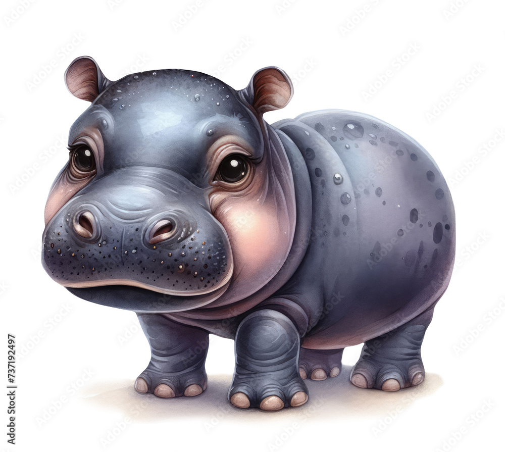 Obraz premium Cute hippo, hippopotamus isolated on white background. Watercolor illustration