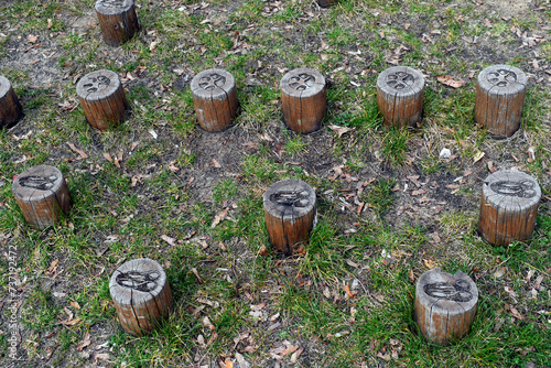 Game recreational sports trainer made of wooden logs with animal tracks in a city park surrounded by a green grass lawn