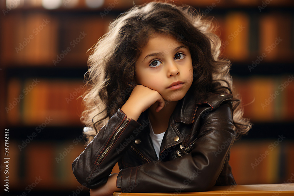 Generative AI photo of clever cute child among the stacks of book reading stories in a library Generative AI photo of clever cute child among the stacks of book reading stories in a library