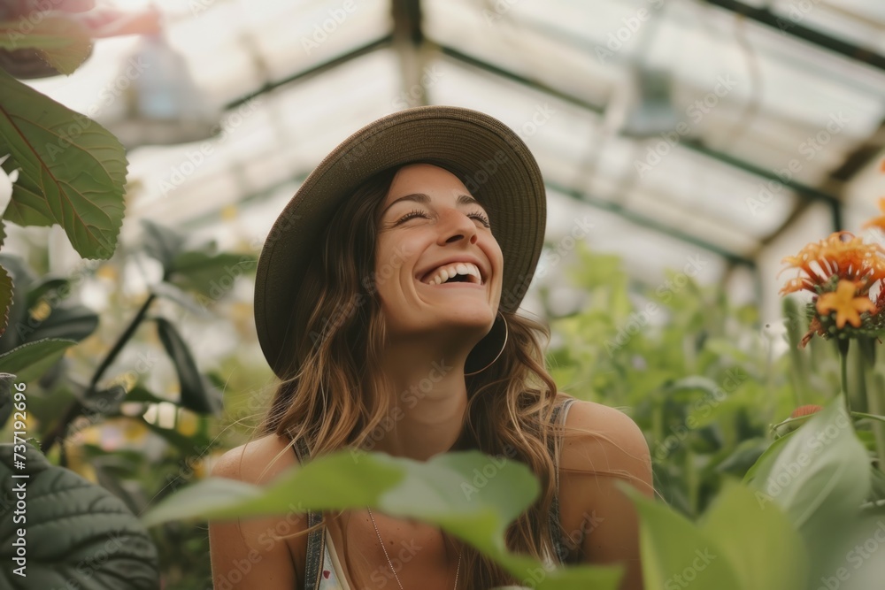 Joyful Woman Embracing Greenhouse Plants: Celebration Of Happiness, Gardening, And Sustainable Living