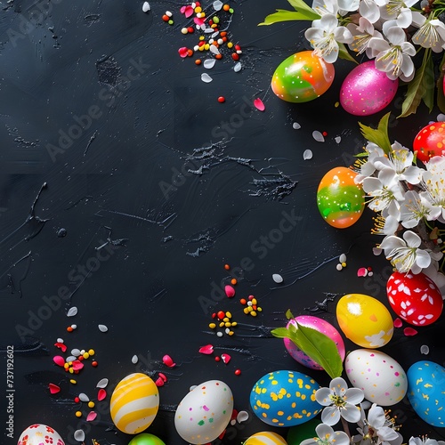 Spring blossoms with colorful Easter eggs on dark backdrop - Image #4 @King Motions