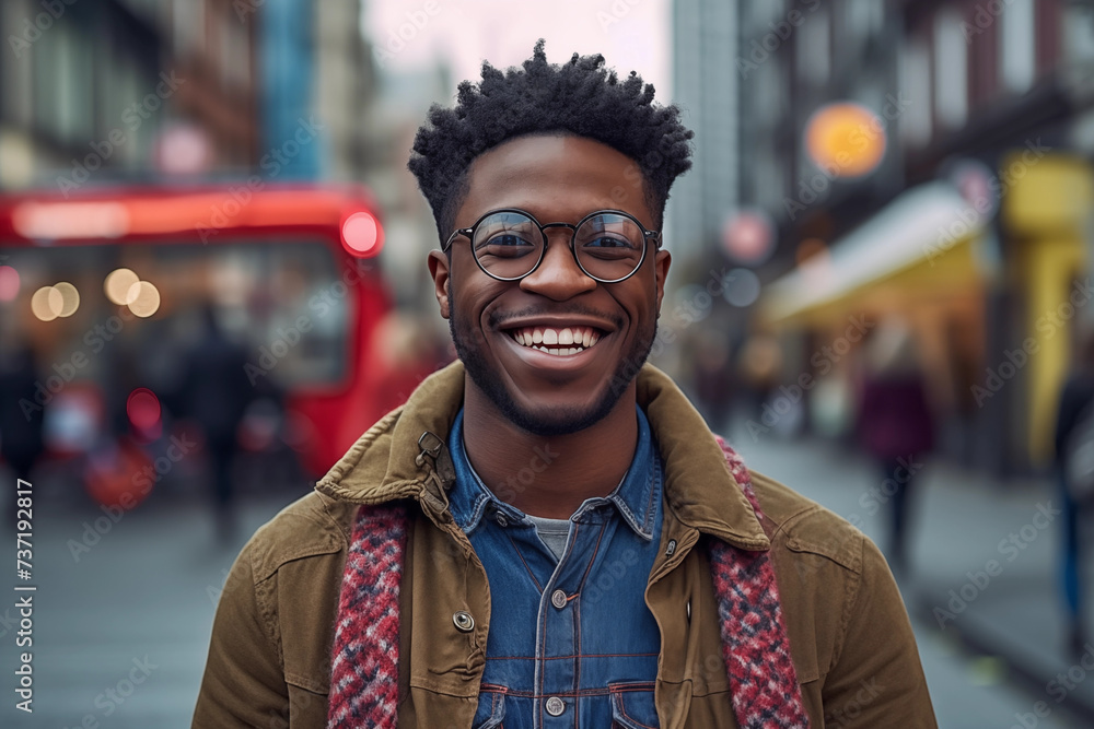 portrait of a smiling young Afra-american man wearing winter clothes and a scarf portrait of a smiling young Afra-american man wearing winter clothes and a scarf