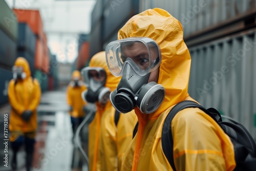 Industrial Experts In Gas Masks Analyze Chemical Leak In Warehouse
