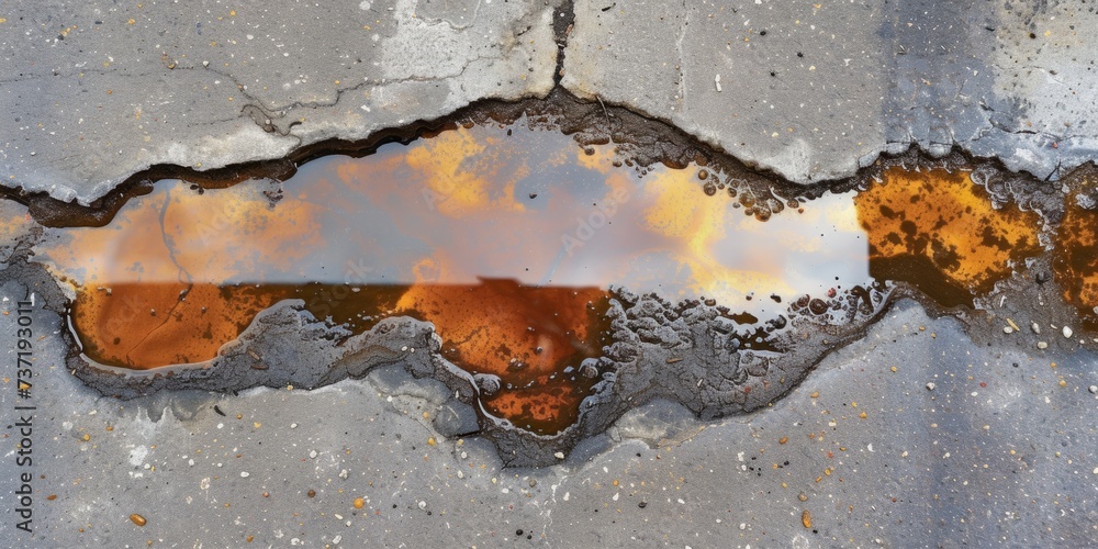 Fototapeta premium Hazards Of A Large Gasoline Contaminated Water Puddle On Asphalt
