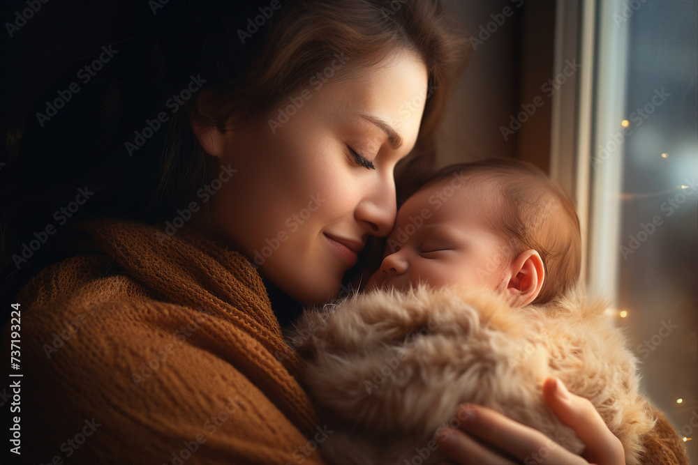 Loving mum caring of her newborn baby at home holding sleeping infant child on hands generative ai