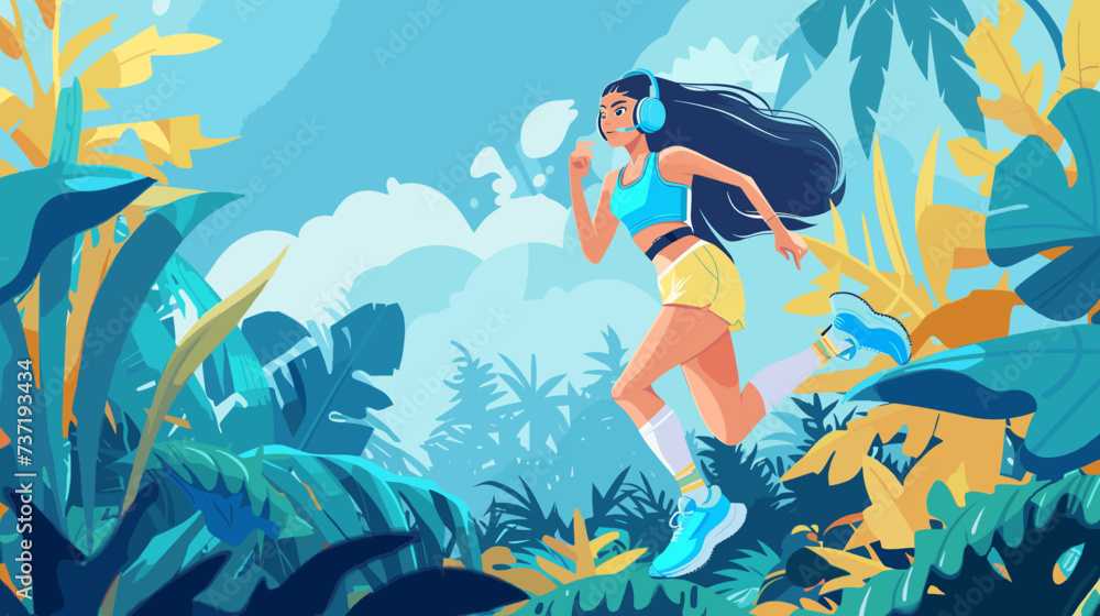Woman is also wearing headphones likely holding a device for music, she is enjoying a workout playlist during her run. Woman is also wearing headphones likely holding a device for music, she is enjoying a workout playlist during her run.