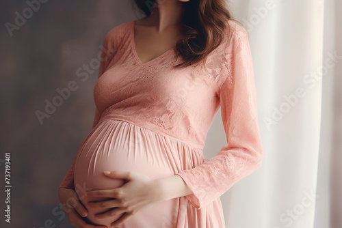 Photo portrait of young pregnant woman holding hands on her belly standing indoors room generative AI