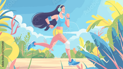 Woman is also wearing headphones likely holding a device for music, she is enjoying a workout playlist during her run. © YUTTADANAI