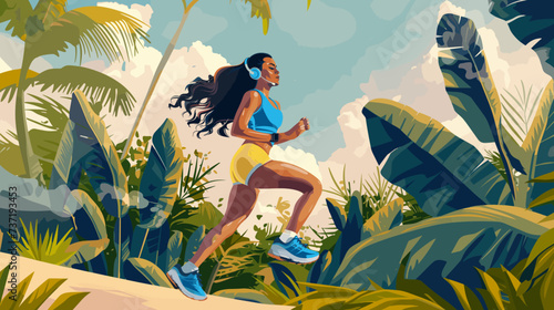 Woman is also wearing headphones likely holding a device for music, she is enjoying a workout playlist during her run.