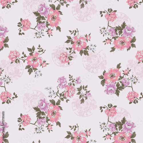 Wallpaper Mural Pink and lilac bouquet of flowers pattern watercolor retro design Torontodigital.ca