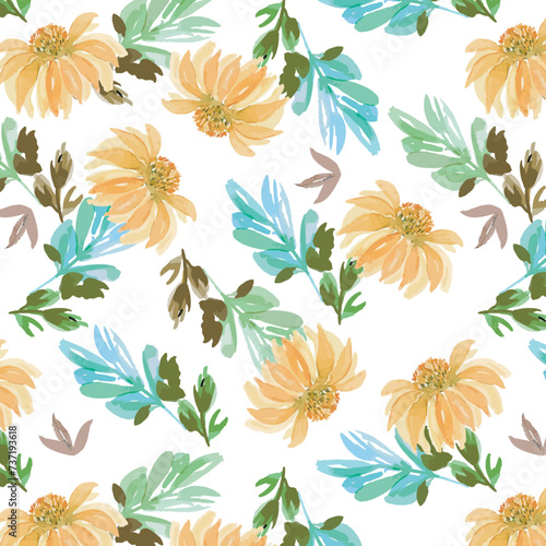 Sunflower and green leaf pattern watercolor style design