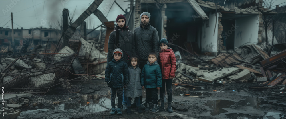 Refugee Family Stands Amid The Ruins Of Their Home, Devastated By Conflict