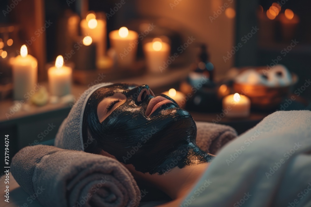 Obraz premium Indulging In A Tranquil Spa Experience With A Soothing Charcoal Face Cream Massage, Enhanced By Candlelight