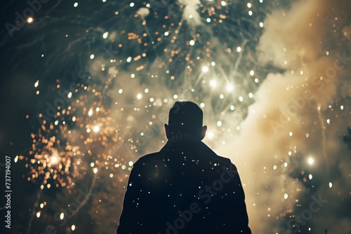 Rear View Of Man Eagerly Preparing For New Years Celebration With Fireworks