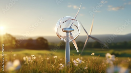 Wind Vane on Grassy Hill With Lake Background photo