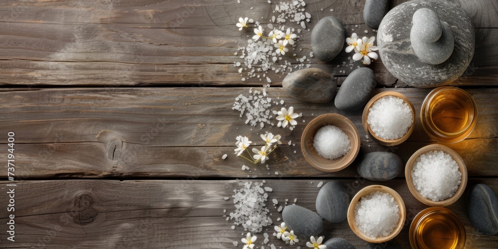 Spa Essentials Like Massage Stones, Oils, And Sea Salt On Wood Table Spa Essentials Like Massage Stones, Oils, And Sea Salt On Wood Table