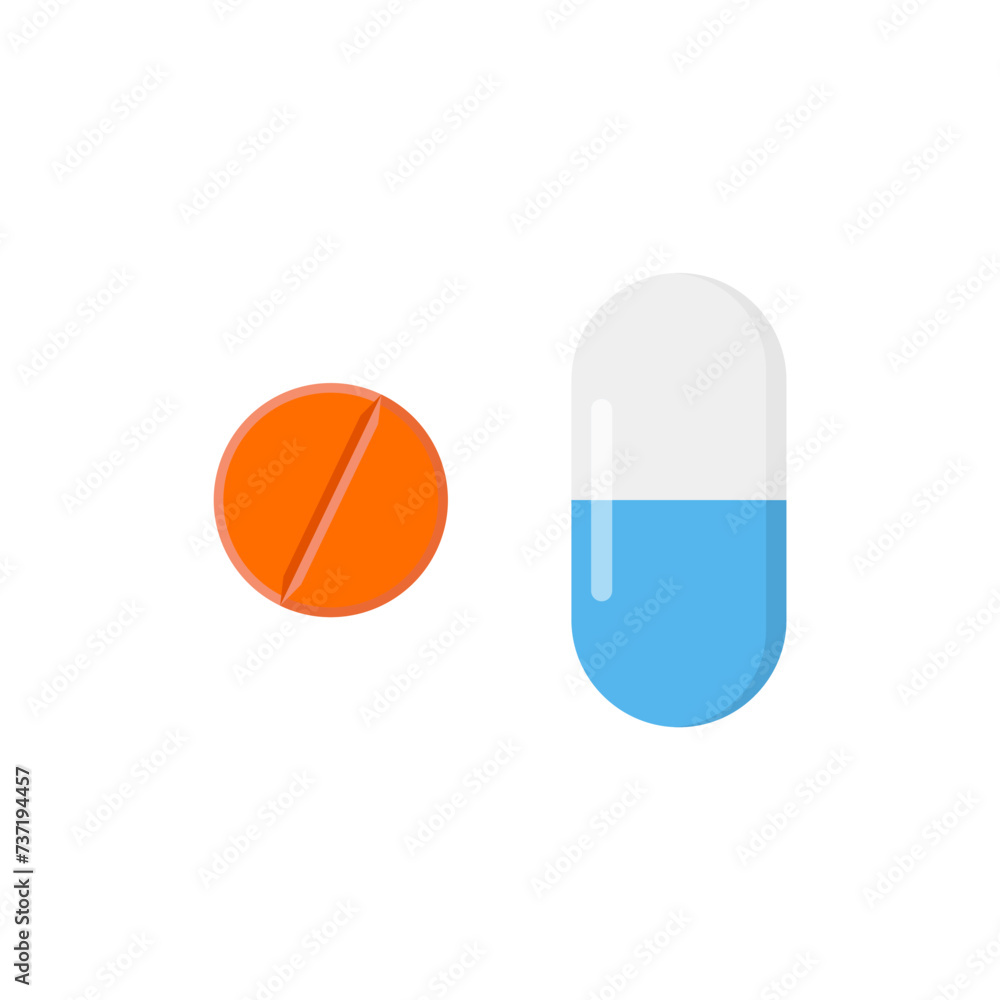 Medical pill flat design vector illustration. Capsule and tablet isolated on white background. chemical drug and health care concept Medical pill flat design vector illustration. Capsule and tablet isolated on white background. chemical drug and health care concept