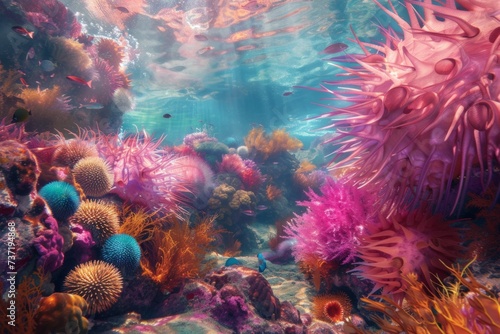 Vibrant Marine Life Sea Urchins, Coral, And Fish Create Underwater Oasis