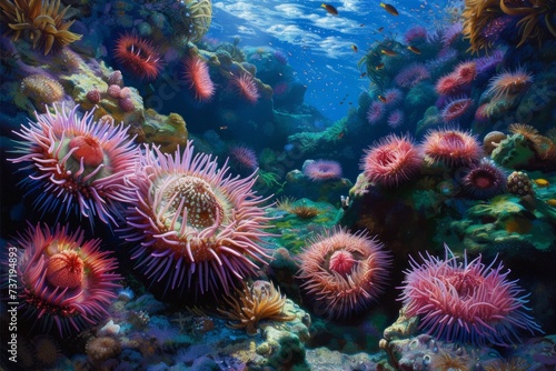 Thriving Underwater Oasis  Sea Urchins  Coral  And Fish Bring Vibrant Marine Life