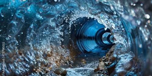 Blue Pipe Ruptures, Sending Water Gushing And Soaking The Ground photo