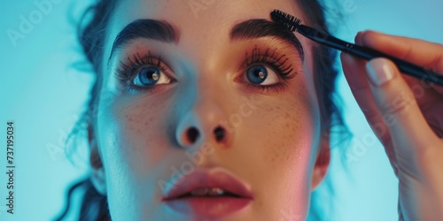 Masterfully Applying Mascara: Woman's Skillful Touch Enhancing Her Mesmerizing Eye Makeup photo