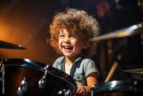 Image of a little funny boy playing with a drum set made with generative AI