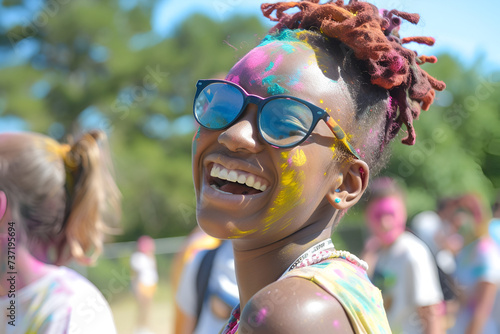 portrait happy smiling young girl celebrating holi festival, colorful face, vibrant powder paint explosion, joyous festival, Fun with colours,vibrant splash, colored powders