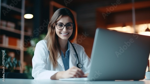 female doctor working on laptop for video call with patient