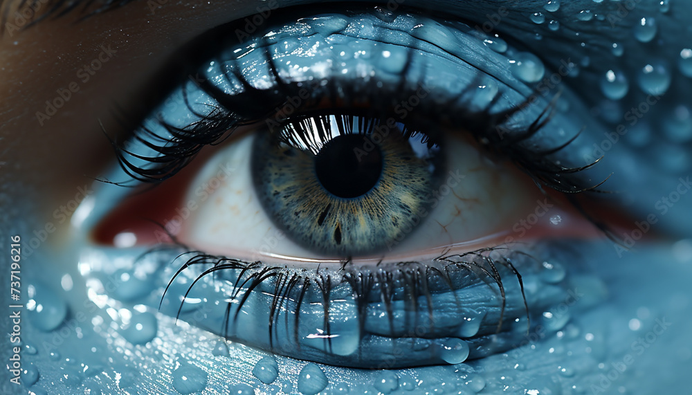 Blue eyed woman staring at camera with shiny, wet eyelashes generated by AI - obrazy, fototapety, plakaty 
