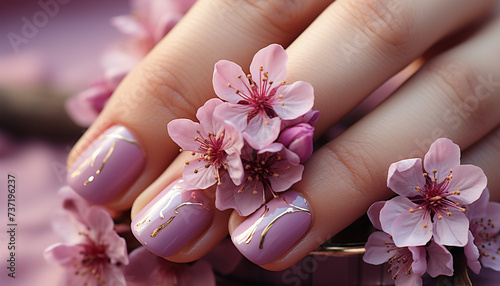 Women fingernails in pink, holding a single purple flower generated by AI