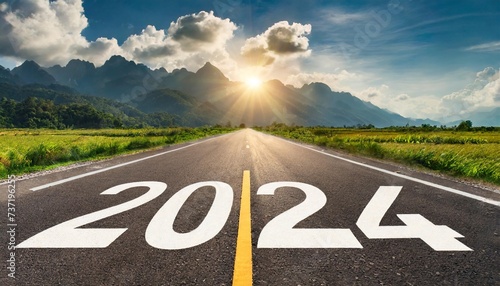 new year 2024 concept with road and 2024 text written on the asphalt